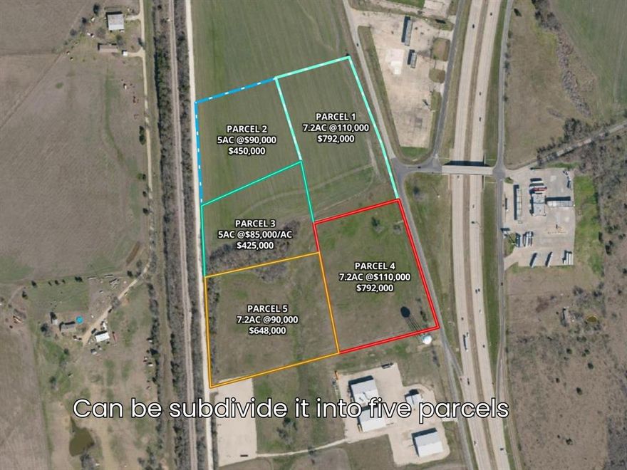 Property can be sold as 5 Parcels as seen in Listing Pictures. Great Development opportunity,  property located between S Interstate 45 access road and S Stacks St in Palmer, TX, with approximately 619 feet of frontage along S Interstate 45 access road and 600 feet of frontage on S Stacks St. The property is partially situated within Palmer city limits and partially within ETJ. Currently used for agricultural purposes with AG tax exemption, this land is primed for commercial development, with nearby projects already underway. Conveniently located just 1 mile from Palmer, TX, and 6 miles from Ennis, TX, this property is a unique opportunity for developers and investors seeking a well-positioned asset with significant upside potential. Buyer's agent to verify all information.