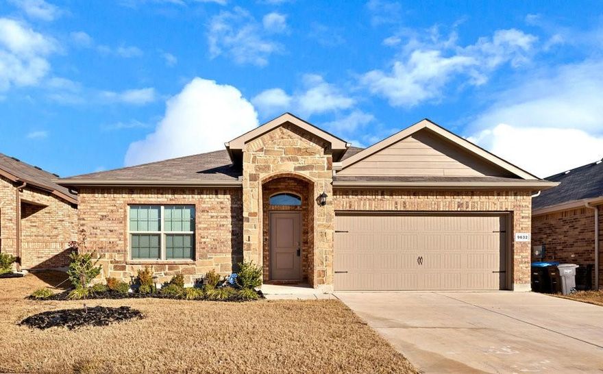 Nearly brand new, well maintained, cul-de-sac home backs to the greenspace, pond and water fountain feature! Watch migratory birds fishing in the pond behind you, walk the paths around the community!Well maintained and clean DR Horton property is ready for it's second owner. Spacious 4 BR 2 BA with kitchen open to living room. Beautiful wood look tile is laid throughout the main living spaces, leading through the long hallway that draws the eye to the windows and beyond.Kitchen has stainless steel appliances with a 5 burner gas range, sink in the island and plenty of granite counterspace. Stainless steel side by side refrigerator is included! Eat in kitchen has room for seating at the island and a dining table space. Room for a little coffee bar or mini appliance center. Good flow through the home with 2 BR up front with the second bathroom and third split bedroom that would make a great office. Primary bedroom is spacious with a walk in closet, dual sinks in the bathroom with a large step in shower. Tankless hot water heater for endless hot showers! Covered patio out back to sit outside and enjoy your morning coffee or PM beverages. Electric mower, trimmer and leaf blower also comes with the home!Elementary school is around the corner too Nearby to NASJRB base and downtown Fort Worth, check out all that there is to offer with a 10-15 minute drive to Stockyards, Sundance Square, Dickies arena for concerts, FW Cultural District with museums, the rodeo, Fort Worth Botanic Gardens and MORE! Lake Worth for a ton more outdoor recreation with Fort Worth Nature Refuge, Lake Worth beach, marina and so many outdoor activities and adventures are close if you lived here! Home can qualify for the FW HAP down payment assistance program. WELCOME HOME!