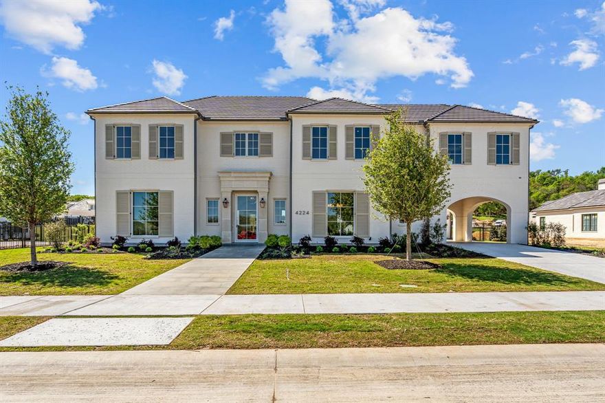 NEW Construction, French Transitional by Olerio Homes in guarded-gated Montrachet. Designed by Fort Worth Architects. Open-concept floor plan. Living area with fireplace and wine closet. The kitchen features an island, dbl ovens, gas cooktop, walk-in pantry and breakfast nook. A butler’s pantry connects the kitchen and formal dining.  Study with built-ins off the front entrance and an additional office space off the side entrance. Spacious patio with a fireplace off the main living area. First floor primary suite with a sitting area, custom walk-in closet and spa-like bath. Separate guest suite with ensuite bath, walk-in closet and private patio. Laundry room and powder bath on the both the first and second floor. Game room with a wet bar, flex space and 3 add’l ensuite bedrooms with walk-in closets on the second floor. Additional parking area between the porte cochere and attached 3-car garage with storage closet & open storage space. Electric & plumbing installed for future pool.