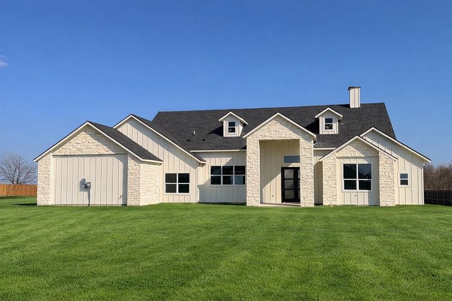 Welcome to 521 Fox Hill, a rare brand-new, one-story ranch on a private, quiet 3-home cul-de-sac with 1.13 acres that simply doesn’t come around often. With 2,975 SF, 4 bedrooms, 3.5 baths, a 3-car garage, and a cozy fireplace, this home delivers the space you want and the forever-home layout buyers chase.
From the moment you arrive, the double front doors make a statement  and the inside delivers. You will love the high ceilings with designer lighting, clean modern lines, and walls of windows that flood the home with natural light. If you need a dedicated work-from-home setup, you have got a true office thoughtfully added into the layout for focus and productivity.
The bedroom plan is built for real life: one secondary bedroom is en suite, while the other two share a bathroom, ideal for family, guests, or multigenerational living. And the primary suite is the retreat buyers dream about, featuring a huge primary bedroom closet with the kind of space that finally fits everything.
Outside, the huge yard gives you the luxury of options.. room to breathe, room to play, and room to build the backyard you’ve always pictured. Absolutely pool ready. (See the included concept rendering.) **Renderings depict an optional outdoor resort concept (pool, spa, outdoor living) and are for visualization only and not included in the sales price.** Design, permitting, placement, and all costs are at buyer’s expense, subject to survey, setbacks, utilities, and any HOA or city requirements to add a patio, outdoor kitchen, firepit, garden, or simply enjoy the privacy and space that’s getting harder and harder to find.
Homes like this don’t sit. If you’ve been waiting for new construction + acreage + single-story + private cul-de-sac, this is your sign. Schedule your private tour before someone else claims it.