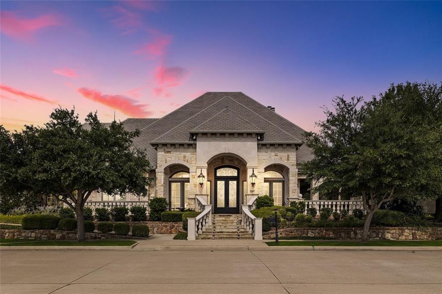 Experience timeless architectural elegance in this one-of-a-kind custom single-story estate, perfectly positioned with panoramic views of the 18th fairway at the renowned TPC Craig Ranch Golf Course. From the moment you arrive, the striking curb appeal and expansive wrap-around screened patio set the stage for refined living. Inside, exquisite craftsmanship is showcased at every turn—custom millwork, soaring ceilings, ornate moldings, and a 50-year roof reflect an uncompromising commitment to quality. The heart of the home is the oversized chef’s kitchen, featuring granite countertops, dual dishwashers, a large working island, butler’s pantry, wet bar, and commercial-grade appliances with seamless access to the outdoor kitchen and entertaining patio. The primary suite is a sanctuary of sophistication with a spa-inspired bath featuring marble finishes, a Bain Ultra soaking tub, walk-through shower, dual WC, and his-and-her closets and a bonus room. Each secondary bedroom offers en suite luxury for family or guests. Designed for both grand entertaining and intimate daily living, this masterfully built home blends indoor and outdoor spaces effortlessly. Enjoy mornings on the patio with serene golf course views, or host unforgettable gatherings against the backdrop of Craig Ranch’s most coveted setting on the 18th!