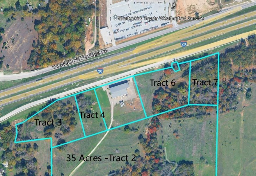 Outstanding commercial development opportunity in the heart of Weatherford’s rapidly expanding commerce corridor. This 2.00 acre lot is located directly on the IH-20 service road, offering exceptional visibility with 90,000+ vehicles per day. The property is part of four potential frontage lots, providing flexibility for larger-scale development. Positioned in one of the fastest-growing areas of Parker County, the site is ideally suited for a wide range of commercial uses including restaurants, retail, warehouses, storage facilities, car, boat, or equipment sales. Major nearby anchors include Costco, HEB, Walmart and the future Sprouts location, situated directly across IH-20 on the north side, further enhancing traffic draw and consumer exposure. Lots are currently in the preliminary planning stage and will require final platting and zoning approval with the City of Weatherford. Additional Tracts 2- 21135009, 6- 21135715, 7- 21135719