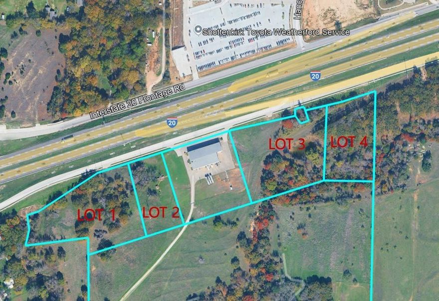 Outstanding commercial development opportunity in the heart of Weatherford’s rapidly expanding commerce corridor. This 2.00 acre lot is located directly on the IH-20 service road, offering exceptional visibility with 90,000+ vehicles per day. The property is part of four potential frontage lots, providing flexibility for larger-scale development. Positioned in one of the fastest-growing areas of Parker County, the site is ideally suited for a wide range of commercial uses including restaurants, retail, warehouses, storage facilities, car, boat, or equipment sales. Major nearby anchors include Costco, HEB, Walmart and the future Sprouts location, situated directly across IH-20 on the north side, further enhancing traffic draw and consumer exposure. Lots are currently in the preliminary planning stage and will require final platting and zoning approval with the City of Weatherford. Additional Lots 1- 21135009, 3- 21135715, 4- 21135719