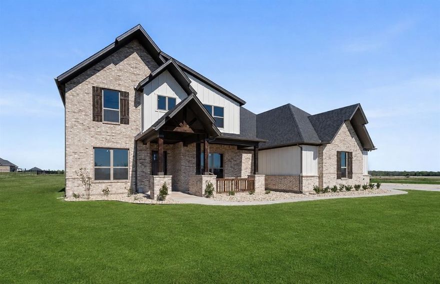 LIMITED TIME OFFER -The builder is offering $15,000 TO THE BUYER, and the PREFERRED LENDER IS OFFERING UP TO $6,000 MORE toward closing costs or rate buy-down! Get more BANG FOR YOUR BUCK and experience the perfect blend of COUNTRY LIVING WITH MODERN LUXURY on this stunning 1-ACRE property priced well below comps! This spacious brand new home offers 5 SPACIOUS BEDROOMS + OFFICE. Youll love the chef’s kitchen featuring QUARTZ COUNTERTOPS, 2 PANTRIES, and CUSTOM REAL WOOD, SOFT CLOSE CABINETS. The living room showcases a dramatic FLOOR-TO-CEILING STONE WOOD-BURNING FIREPLACE with a CUSTOM WOOD MANTLE, creating a warm and inviting centerpiece.  The PRIMARY RETREAT IS DOWNSTAIRS, along with the office and a HUGE SECONDARY BEDROOM WITH A FULL BATH — ideal for MULTIGENERATIONAL LIVING or GUEST SUITE. Upstairs you’ll find 2 BEDROOMS, A FULL BATH, AND A BONUS ROOM with enormous closet that can flex as a media room, playroom, or 5th bedroom. Enjoy peaceful outdoor living with FRONT AND BACK COVERED PORCHES overlooking your FULL 1-ACRE LOT. Need space for vehicles or toys? The EXTENDED 3-CAR GARAGE (24' x 30') features 8-FT GARAGE DOORS designed to fit FULL-SIZE TRUCKS AND SUVs. Located OUTSIDE CITY LIMITS with NO CITY TAXES and a LOW 1.5 TAX RATE — giving you the best of country living with city convenience. Don’t miss this opportunity to own a beautiful new home on acreage with unbeatable incentives! Country feel but only 5 mins from I-35E for an easy commute.  HOME IS NOW COMPLETE! ROOMS ARE SOOO MUCH BIGGER IN PERSON, PICS DONT DO IT JUSTICE... BOOK YOUR SHOWING TODAY! Trees were planted in backyard after pictures were taken. There are some trees along the back of the property. Ask agent about builder incentives and other avail homes! Some pics have been virtually staged to show full potential. **SCARBOROUGH FAIRE STARTS THIS WEEKEND SO EXPECT EXTRA TRAFFIC IF GOING TO HOME ON THE WEEKEND DURING FAIR HOURS. TRAFFIC NOT USUALLY LIKE THAT!**