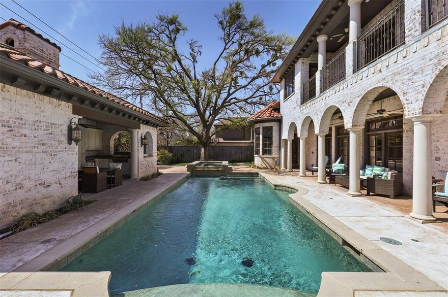 Exquisite Mediterranean and fabulous family home on a quiet street. Constructed of large-cut Lueders limestone. Beautiful newly remodeled Master Bathroom. Kitchen features butler's pantry, wet bar, pot filler, SS gas stove, double-oven, and subzero. Master and guest suite down includes two vanities and second washer-dryer. Wine Room. An Office is located on each floor. Large exercise room adjacent to a game-theater room on 2nd floor. Elevator ready. Entertain in the lush backyard that features a large pool, hot tub, cabana with built-in grill and full bath. Landscaped grass yard with mosquito system. 3 car garage with pass-through to pantry. Close to St Mark's School, the Cooper Clinic, retail and restaurants.