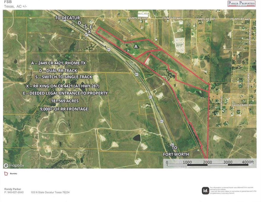 THIS 181.57 ACRES WITH OWNERSHIP IN THE RHOME MEADOWS AIRPORT IS A TRULY EXCEPTIONAL CANDIDATE FOR A LARGE COMMERCIAL, INDUSTRIAL PARK AS WELL AS TO HAVE A RAIL SPUR FOR SERVICE TO THE ENTIRE DEVELOPMENT. THE LAYOUT OF IT ADJOINING THE RAILROAD TRACKS FOR OVER 9,000’ GIVES WAY FOR A LENGTHY SPUR THAT COULD EASILY PARK THE ENTIRE COAL TRAIN ON IT! THERE IS NO WHERE ELSE THAT A SPUR CONNECTION CAN BE ADDED EASIER AND LESS COSTLY THAN HERE. NOT TO MENTION, THE DOWNTIME TO THE REGULAR RAIL SERVICE WILL BE LESS THAN ANYWHERE DUE TO THE CONNECTION LOCATION. WITH ONLY THE INSTALLATION OF THE SWITCH FOR THE SPUR ITSELF THE RAIL SERVICE CAN BE RETURNED TO SERVICE WITHOUT DELAY. ONCE THE CONSTRUCTION OF THE SPUR IS COMPLETE THEN THE SWITCH IS TURNED TO PUT THE SPUR INTO SERVICE WHEN IT IS NEEDED. AGAIN, THE EASIEST, LEAST COSTLY AND LEAST AMOUNT OF DOWNTIME TO NORMAL SERVICE. EVERYONE INVOLVED WILL BENEFIT FROM THIS PRIMARILY THE RAILROAD ITSELF! SEE THE DRONE VIDEO, STILLS AND PLATS THAT SHOW THE DUAL TRACKS AND SITE FOR THE SPUR SWITCH! The property lays out where numerous buildings whether manufacturing, warehouse storages, industry of all kinds can be put in place and have service to the rail spur that would off load materials and supplies and to haul your products to their desired locations. The property currently has a 3,019 sq ft house with a small shop and office space that can be used for a facility house, watchman’s house, construction office or whatever is needed. The location of the property makes this a perfect place for this type of development being approximately halfway between Decatur and Rhome and not only fronts the railroad but also sits right on Hwy 287 for perfect highway access as needed. THIS PROPERTY ITSELF GIVES WAY TO A LARGE GREAT DEVELOPMENT FOR THE FUTURE TO COME NOT TO MENTION HAS THE CAPABILITY FOR MORE SPACE AND FUTURE GROWTH TO ADD TO IT!  DEVELOPERS AND INVESTORS CHECK THIS OUT! IT IS PRICED TO SELL! CALL TODAY FOR MORE INFORMATION!