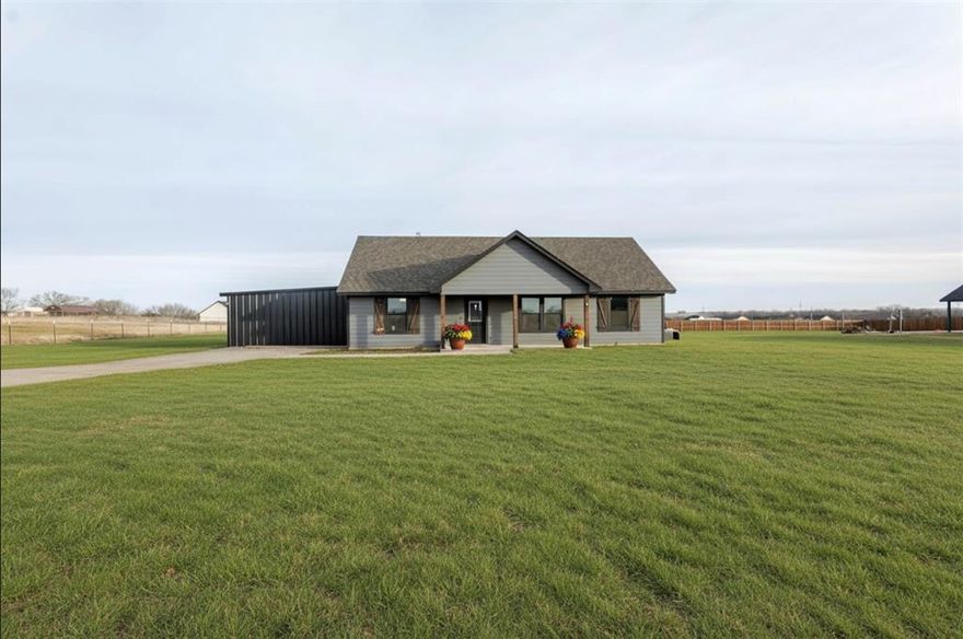 Welcome to 945 Erwin Rd in Poolville. An exceptional one owner home built in 2023, sitting on just over an acre with the perfect blend of privacy and convenience! This 3 bedroom, 2 bath home features a desirable split bedroom floor plan, offering a functional layout with added privacy for the primary suite. Enjoy the ease of an enclosed carport plus a large, extended covered back patio ideal for outdoor dining, entertaining, or relaxing while overlooking your wide-open space. Positioned set back off the road, this property delivers a peaceful country feel while still being conveniently located near Poolville ISD. If you’ve been searching for a newer Poolville home on acreage, with room to add a shop, garden, or simply spread out. This one is a must-see. Come experience the space, comfort, and small-town charm that makes Parker County living so desirable!