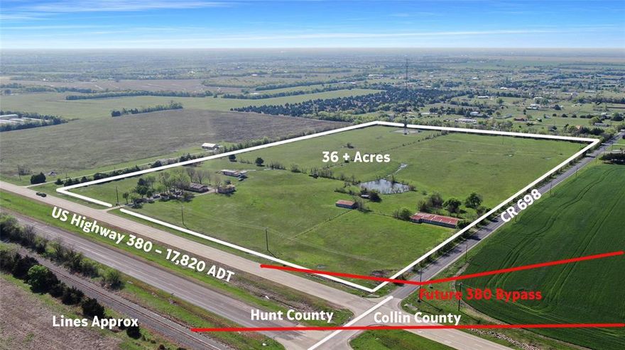 Rare find Investment with over 2600' of PRIME road frontage including over 900' on bustling Highway 380! This Premium 36+ acre Hard Corner is where the future 380 bypass around Farmersville will rejoin the Highway at the Hunt County line Road. This will be a major intersection, and an excellent location for a fuel center, convenience store, restaurant, retail or light industrial. This land is on the Hunt County side of the road, and comes with two existing sources of income: A 3bed, 2bath brick home with shop and barn, perfect for rental property PLUS a communications tower with approx 5 years remaining on existing lease. Tower generates approx 13K-15K in annual revenue, and lessee has expressed an interest in extending the lease. The land currently has an ag exemption for hay production and also features a large pond. This is an Excellent Location on one of the Busiest thoroughfares in North Texas. Everyone is Buzzing about the Highway 380 expansion, and development tracts between Farmersville and Greenville are getting scarce.. Existing 12 inch water line along Hwy frontage makes development easy. Not often investors find a parcel with such strong current income with a very high ROI in the very near future.