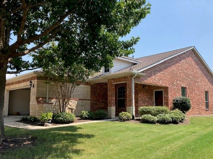 Del Webb 55+ community! This is the Azalea floor plan, a favorite among many
Homeowners, a study with French doors, on a quiet cul-de-sac that overlooks the front
yard. Nice sized lot 0.1796 acre or 7,825 sf. Large backyard has 4
beautiful crepe myrtle trees & covered patio with porcelain tile. When arriving
you'll see the beautiful landscaping & the visual charm that sets forth the rest of
the property. The kitchen has stainless appliances, with a new microwave & gas
range. There are 4 new smoke alarms which have been replaced & updated. There
are also 4 ceiling fans. The breakfast bar opens to large living & dining
areas. There is a good sized walk-in closet off the master bedroom. Big
laundry room has a utility sink & storage cabinets. Over-sized 2 car
garage, 26 ft long x 20 ft wide, which makes it nice for an extra fridge or storage
cabinets. The backyard is fenced for privacy to enjoy your breakfast cup of coffee
while relaxing on the 22 ft x 8 ft patio. The front porch is also a nice place to sit
while visiting with family, friends & neighbors. The AC was new 5 years ago, 
spring & fall tune ups have been done to extend the life of the unit. New roof
was added in 2022. Interior of the home & garage were just painted. There are a
few pieces of extra tile from the homes original flooring, as well as the back patio,
which are hard to find when needed. This home has been well
maintained. Frisco Lakes is a seniors dream with all the amenities that are offered
along with a fitness center, which includes an indoor walking track. The golf club
offers a nice game of golf, as well as a fine restaurant where you can relax & enjoy
a delicious meal. 3 outdoor pools & one indoor with a spa. Also
bocce, pickleball & tennis courts for you to join in the fun with your new
community family. Please stop by & take a look at this “Beautiful” home and
enjoy everything Frisco Lakes has to offer!