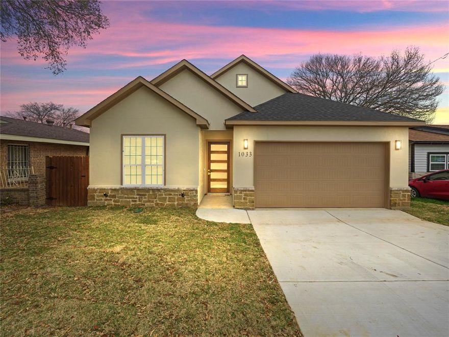 Beautiful new construction home just 10 minutes from Downtown Fort Worth offering modern design and thoughtful layout. This 4-bedroom, 2-bath home features an open concept floor plan with vaulted ceilings and exposed wood beams that create a bright and spacious living area. The kitchen is designed for both functionality and style with quartz countertops, custom cabinetry, a large island, and elegant gold accents throughout.

The private primary suite is positioned on its own corner of the home, providing maximum privacy, while the three additional bedrooms are located toward the front of the home, making it ideal for families or guests. The primary bathroom features dual vanities, designer finishes, and a spacious walk-in closet.

Conveniently located near major highways, Downtown Fort Worth, shopping, and dining, this home combines modern craftsmanship with city accessibility.