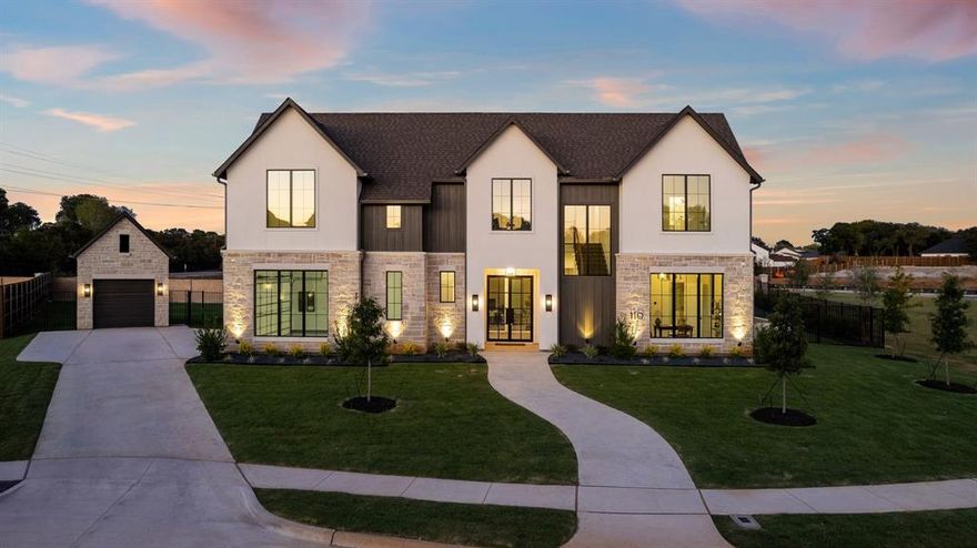 Impeccable new construction custom 2 story home in Colleyville's newest luxury home community. Thoughtfully designed custom lighting fixtures, Hunter cabinetry, soaring vaulted beamed ceilings, gorgeous hardwood flooring & a quaint courtyard are a few of the many features this home offers. One of the standout focal points, are the grand black framed Pella windows & doors that flood the space with natural light, while also offering breathtaking views of the expansive patio & yard. This home also offers a dedicated office that would make a great 5th bedroom with its large walk in closet and full bath. The gourmet kitchen boasts an expansive kitchen island, brushed gold hardware & SS appliances including a gas industrial stove top with double ovens, 2 dishwashers, a hidden pantry & a built in fridge. Located on a fabulous corner lot & cul-de-sac in the highly desired GCISD. A MUST SEE! *Two photos of pool renderings shown in property pictures. More available upon request*