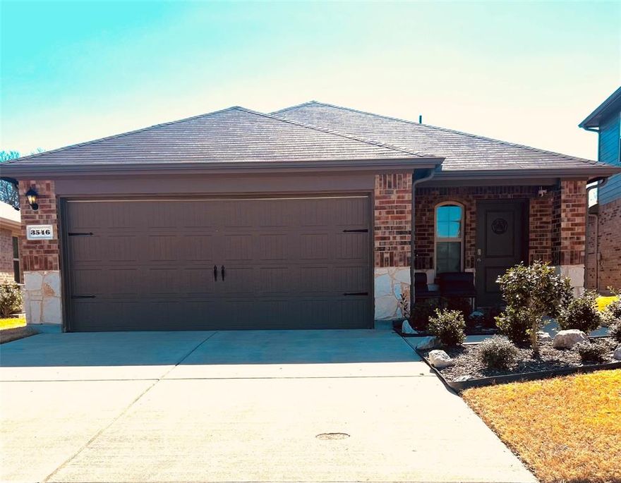 This 2023 D.R. Horton Brooke Plan (1,458 SF) offers a modern open-concept design with thoughtful upgrades throughout. The inviting exterior features a welcoming covered porch and attractive landscaping.Inside, the open floor plan seamlessly connects the kitchen, dining, and living areas—perfect for everyday living and entertaining. The kitchen showcases modern cabinetry, granite and quartz countertops, a built-in sink, dishwasher, and a spacious pantry. The private primary suite includes an en-suite bath and walk-in closet, providing a comfortable retreat. Additional highlights include integrated smart home technology and energy-efficient features. The backyard backs to a green space with no rear neighbors, offering added privacy. Builder warranty is transferable. Conveniently located approximately 30 minutes from Dallas. Located in Wildcat Ranch, residents enjoy a strong community atmosphere with resort-style amenities including pools, fitness center, ponds, fishing, playground, walking trails, dog park, and clubhouse. Easy access to schools, shopping, and major commuting routes into Dallas.