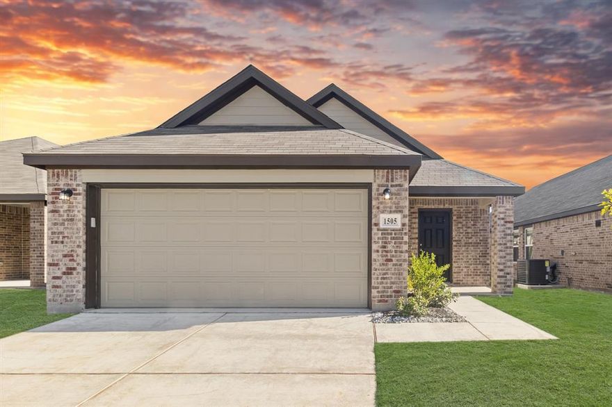 Love where you live in Christian Meadows in Ennis! The Pinewood floor plan is a charming one-story home designed for comfort and convenience, offering 3 bedrooms, 2 bathrooms, and a 2-car garage. This thoughtfully designed home truly has it all—including a garage door opener and privacy blinds throughout for a move-in ready experience. The gourmet kitchen is the heart of the home, featuring a large bar top that overlooks the dining and family rooms, 42-inch cabinetry, granite countertops, and stainless-steel appliances. Even better, the washer, dryer, and refrigerator are included—adding exceptional value and ease from day one. Unwind in the private Owner’s Suite, complete with granite countertops, a tub-shower combo, a spacious walk-in closet, and an elegant tray ceiling that adds a touch of dramatic flair. Step outside to enjoy the covered patio—perfect for relaxing or entertaining—along with a full sprinkler system to keep your yard looking its best year-round. With modern finishes, included extras, and a welcoming community atmosphere, this home offers the ideal blend of style and function. Don’t miss your opportunity to call Christian Meadows home—schedule your visit today!