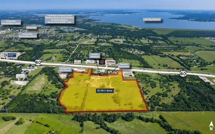 Vanguard Real Estate Advisors (“VREA”) has been exclusively retained by Ownership to offer developers and investors to purchase 53.76+- acres (the “Site”) located at 618 US Highway 80 E in Sunnyvale, TX. The Site has dual zoning, with 18.942+- acres zoned Single Family (SF-3), which allows for single family on a minimum of 1-acre lots, and the remaining 34.82+- acres zoned Highway Commercial, which accommodates a variety of commercial uses by right as well as light industrial uses through a special use permit (SUP).

The Site is situated in a prime location with direct frontage on US Highway 80, a major east-to-west thoroughfare in the Dallas Metroplex. The Site is located approximately 5 miles north of Interstate 20 and 5 miles south of Interstate 30, providing excellent regional accessibility. Located just 15 miles east of Downtown Dallas, the Town of Sunnyvale has experienced a 9.1% increase in population over the past three years. This growth reflects Sunnyvale’s ongoing development and the Town’s appeal as a premier destination within the Dallas-Fort Worth Metroplex.

At a price of only $3.25 per square foot, this is an excellent opportunity to acquire a well-situated Site in a premier submarket within the Dallas-Fort Worth area.