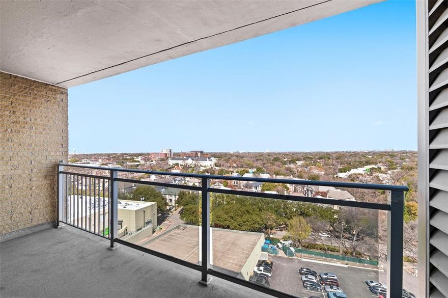 Turn key living in this updated 16th floor corner unit condo overlooking Highland Park and all of North Dallas. From the bedroom watch planes land at Love Field. This unit has a drop in gas range, granite counter tops and bar, tile backsplash, farmer's sink, custom fans and lighting, wood floors through out, large balcony, 2 updated baths. Dues include full use of community pool, hot tub, grill, park area, HVAC, electric, gas, 2 covered parking, lobby sitting area, library, and work out room.