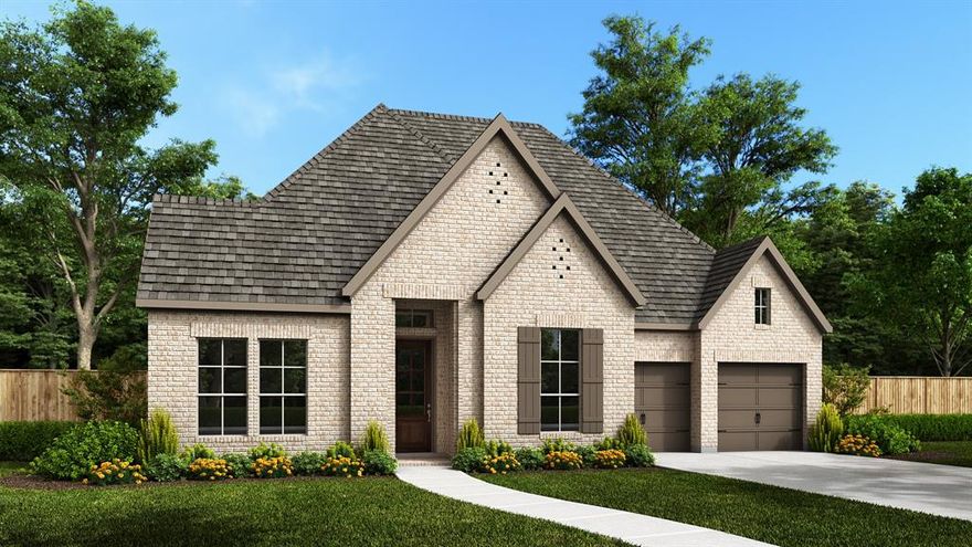 Welcoming entryway with 12-foot ceiling leads into spacious family room with cast stone fireplace and wall of windows. Dining area flows into island kitchen with built-in seating space and walk-in pantry. Large game room with French door entry just off the family room. Primary bedroom with three large windows. Primary bath includes dual vanities, a freestanding tub, separate glass-enclosed shower, linen closet, and two walk-in closets. All secondary bedrooms are guest suites with walk-in closets. Additional linen closets, powder room, and utility room complete this spacious design. Covered backyard patio. Mud room. Three-car garage.