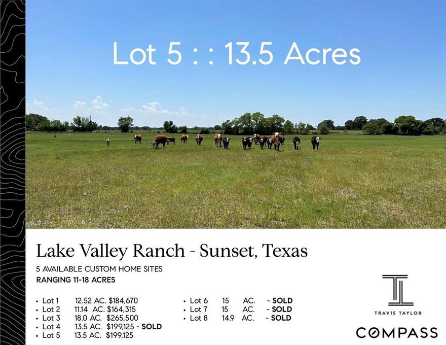 LOT 5 : : 
Welcome to Lake Valley Ranch in beautiful Sunset, Texas. Lake Valley Ranch is offering 5 available custom home sites varying from 11 acres up to 18 acres. Enough room for the entire family and all the animals! Outside of city limits and ag exempt, enjoy low property taxes. N Texas Rolling Hill land scape paired with mature trees throughout the property you will enjoy the privacy, peace and quiet of living in the country. Minimally restricted lots create a stunning blank canvas and back drop for your dream home and barn set up. Lots 2,3 & 4 have a pond or access to. Enjoy the slow pace country lifestyle yet Ideally located less than an hour to big city amenities such as Alliance Town Center. Only 1 hour to Downtown Fort Worth, DFW Airport, Southlake. See cover photos for pricing on other available lot at Lake Valley Ranch Survey and development layout are posted in photos.