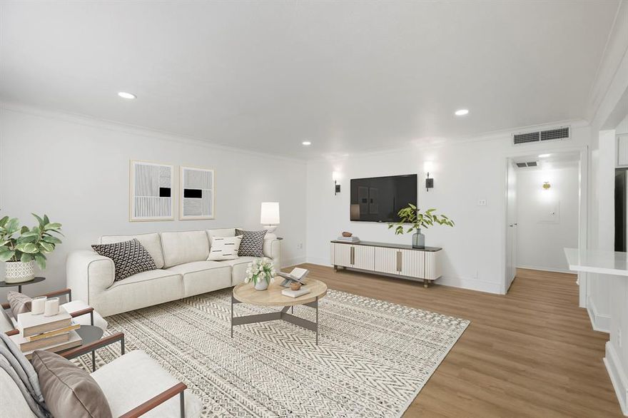 Experience elevated urban living in this exquisitely renovated second-floor corner residence, thoughtfully designed with a modern, designer’s eye. Set within a tranquil, gated community in the heart of central Dallas, this condo blends refined finishes with effortless functionality. Sun-drenched interiors and an open, airy layout create a gallery-like backdrop for curated living. The kitchen is a true statement, showcasing quartz countertops, a deep undermount sink, stainless steel appliances, and timeless shaker cabinetry, equal parts elegant and practical. Every detail has been carefully considered, from luxury vinyl plank flooring and layered LED lighting throughout, to beautifully updated bathrooms featuring sconce lighting and custom tile vanity backsplashes. Two covered, gated parking spaces add a rare level of convenience. Bella Gardens offers a resort-style atmosphere with a stunning pool and cabanas, multiple grilling areas, and landscaped courtyards accented by fountains and seating, perfect for entertaining or unwinding. Ideally located near SMU, NorthPark, The Village, White Rock Lake, Lower Greenville, Knox Henderson, and Uptown, with walkable access to trails, Central Market, and fitness studios, this home delivers both sophisticated design and an enviable Dallas lifestyle.