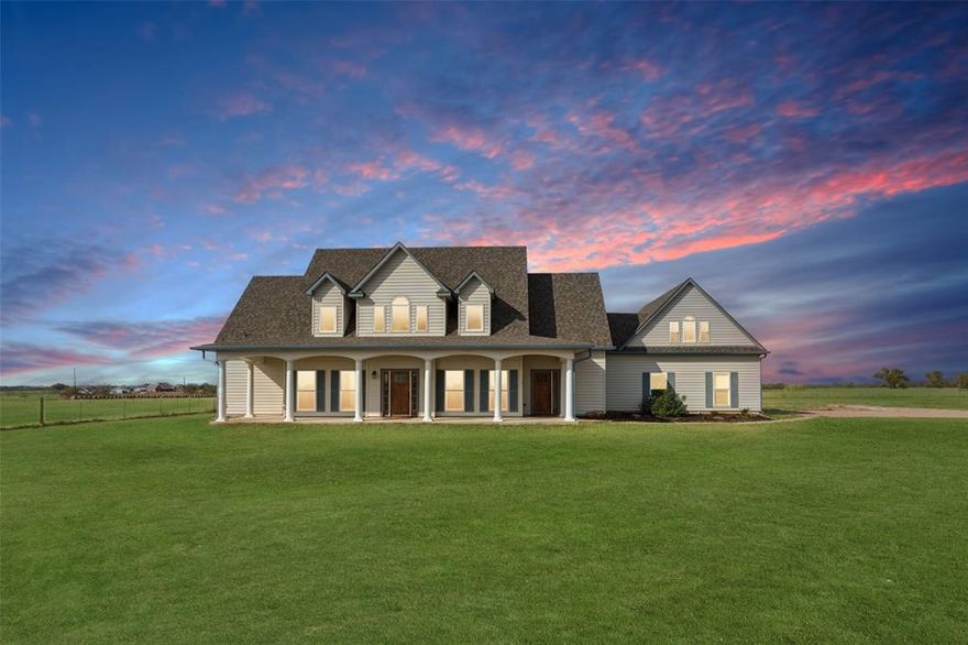 Experience exceptional country living in this custom-built modern farmhouse set on 3.44 beautifully leveled acres. This home blends superior durability with timeless design. A new roof and gutters, spray-foam insulated attic, and insulated garage doors ensure year-round comfort and efficiency. Enter an open-concept living space featuring soaring ceilings, large windows, and upgraded finishes that fill the home with light and warmth. Each bedroom offers its own private ensuite bath, providing exceptional comfort and privacy for owners and guests alike. The thoughtfully designed kitchen and living areas flow effortlessly for everyday living or entertaining. A convenient laundry room with a built-in sink adds to the home’s practical appeal. An impressive bonus room—estimated at an additional 383 sq ft beyond the home’s 2,662 sq ft—adds valuable flexibility for a game room, office, studio, or guest retreat. Enjoy peaceful mornings and evenings on the inviting porches, taking in the serene surroundings. The septic system was recently inspected and is in excellent condition, offering added peace of mind. This spacious, modern, and impeccably maintained property delivers the privacy of rural living while keeping you close to local amenities and major roadways. A rare opportunity to own a home that truly has it all. Don't miss out on this rare gem with no HOA and in Maypearl ISD! 3D tour available online!