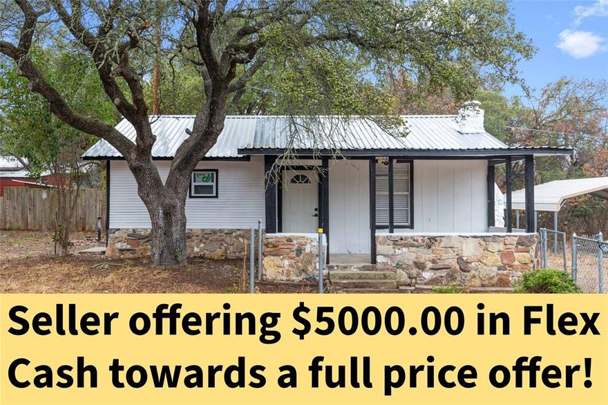 Offering $5000.00 in Flex Cash towards a full price offer!

Searching for an affordable and move-in ready home? Look no further than this charming bungalow in Shamrock Shores! This home has been recently updated with new appliances, fixtures and paint. Revel in the clean exterior finish and beautiful old-growth Live Oak trees that scatter the lot. You are minutes away from Lake Brownwood and all the clean and amenities it has to offer.

With a separate 378 SQFT carport and parking area – enough to park an RV! – The front yard is brimming with potential to make a quality outdoor living space. The large setback means you have a quieter interior, independent from the noise on the street. 

Past the covered front porch there is an open living room and kitchen area, meaning that the chef is never left out of the party. You can eat outdoors, under the cooling ceiling fans, or by the warm raised wood burning hearth. The hallway to the bathroom efficiently doubles as the laundry room. The rear of the house has an attached 72 SQFT of storage, providing additional insulation near the bedrooms, and contributes to a clutter free living space.

Only 15 minutes out from Walmart and 20 minutes from downtown Brownwood. This is the perfect balance of the nature-rich lifestyle of lakeside living and the comforts and conveniences of a large town. Schedule your showing today. Need help getting qualified? We can build your credit!