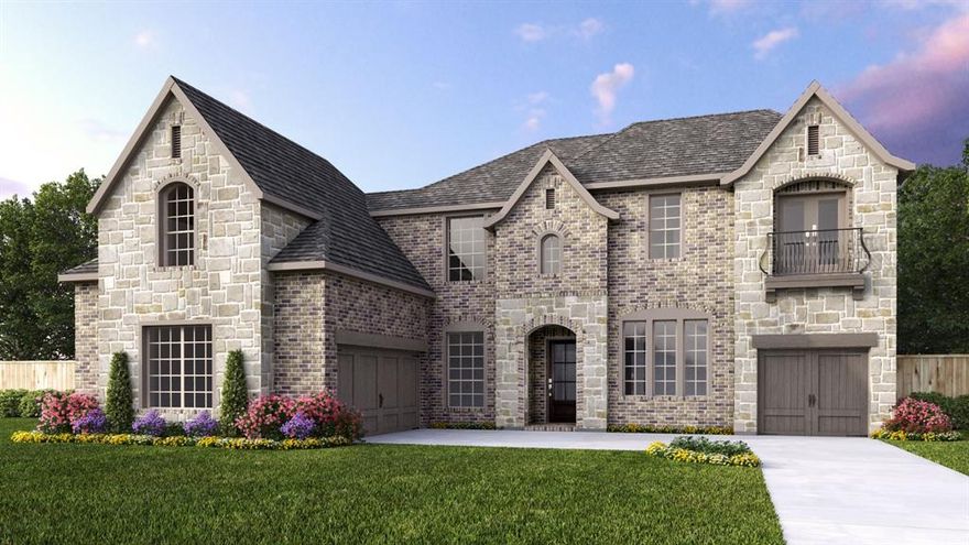 Two-story entry. Home office with French doors. Formal dining room. Family room features a fireplace and sliding glass doors. Kitchen has an island with built-in seating space and a large walk-in pantry. Guest suite located on the first floor. Private primary suite features a wall of windows. Primary bath with dual vanities, freestanding tub, separate glass-enclosed shower and two walk-in closets. Secondary bedrooms and media room complete the second floor. Extended covered backyard patio and an exterior fireplace. Three-car split garage.