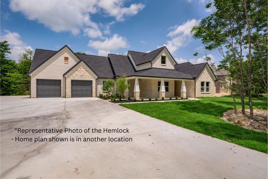 This stunning 4-bedroom, 4-bathroom Hemlock floor plan is to be built on a serene 2-acre homesite, giving you the perfect opportunity to create your dream home. Photos shown are from a completed home in another location and may not represent the exact finishes or layout of the future build. The spacious design features an inviting open-concept living area with high ceilings, a cozy fireplace, and a wall of windows to fill the space with natural light. The kitchen seamlessly flows to the dining and living areas, ideal for both daily living and entertaining. The primary suite offers a spa-like ensuite bath with a soaking tub and walk-in shower, while the additional bedrooms each provide ample space and privacy. Outdoor living is enhanced by a covered porch and expansive yard, perfect for enjoying the peaceful country setting. The builder has a relationship with a lender who can assist in securing a convenient one-time close construction-to-permanent loan, simplifying the building process. This property is currently bare land, offering the chance to customize and bring your vision to life.