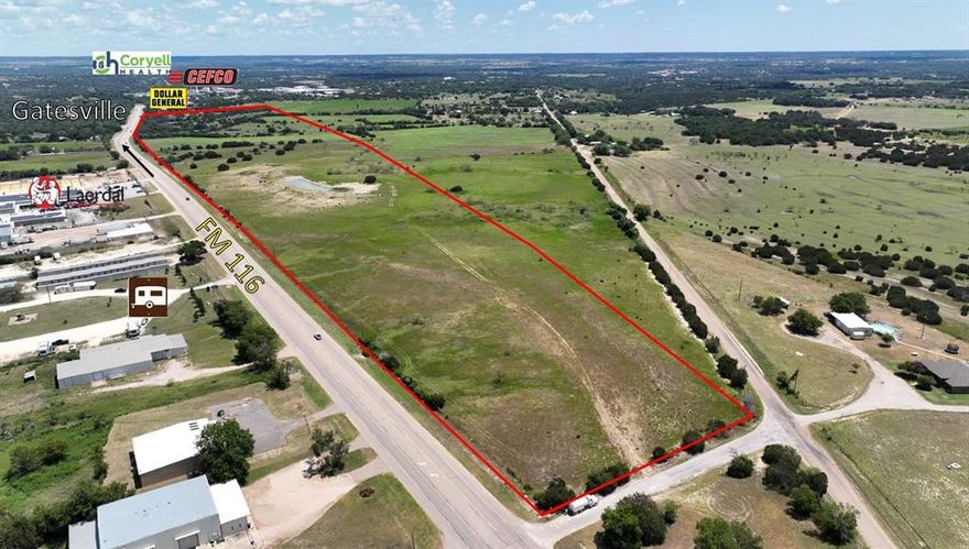 42.76 acres of city-annexed development land in Gatesville, Texas offering approximately 4,500 feet of paved frontage along Texas FM 116 with excellent visibility, access, and scalability. The property is positioned for commercial, industrial, mixed-use, institutional, or employment-driven development and supports phased or multi-user development, with FM 116 frontage divided into two tracts. A key strategic advantage is the property’s location directly across from the Gatesville Municipal Airport, providing immediate regional air access for corporate users, logistics operations, government agencies, defense contractors, and executive travel. City utilities are available, and the entire tract has been annexed into the City of Gatesville, simplifying entitlement and development planning. The property currently maintains AG tax status, allowing for favorable holding costs during planning, entitlement, and development phases. An on-site source of road base material may significantly reduce infrastructure and roadway construction costs, creating meaningful savings for developers. The site is located near Fort Hood, one of the largest military installations in the United States, driving sustained demand for housing, logistics, medical, industrial, and defense-adjacent uses. The region also benefits from proximity to Central Texas aerospace and advanced manufacturing activity, including SpaceX operations, supporting long-term employment growth. Gatesville offers a business-friendly environment, low crime rate, stable workforce, and favorable tax climate, with convenient access to Waco, Temple, and Killeen and reasonable drive times to Austin, Dallas–Fort Worth, and Houston. This is a scalable, infrastructure-ready development opportunity in a growing Central Texas corridor. Additional contiguous acreage is available.