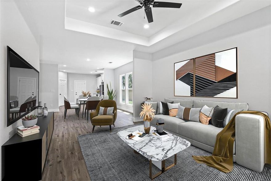 Immaculate new build single-family home located in Belmont subdivision. Completed in 2023, this contemporary modern residence features 3 bedrooms, 2 full bathrooms, and approximately 1,290 sq ft (per tax records). The open floorplan offers luxury vinyl plank flooring throughout, decorative lighting, granite countertops, and shaker style cabinets. Energy-efficient upgrades include Low E windows and spray foam insulation. The kitchen is equipped with stainless steel appliances: dishwasher, disposal, electric range, microwave, and refrigerator. Interior highlights include walk-in closets, electric dryer hookup, and washer hookup. Exterior features comprise a privacy wood fence and decent-sized backyard, ideal for relaxation and entertaining. Central electric heating and cooling, single-car attached garage plus driveway.

Located minutes from Texoma Medical Center, Highway 75, and local dining and entertainment options. Zoned to Denison ISD. Move-in ready.