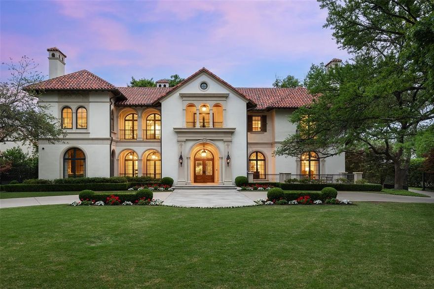 Spectacular Highland Park manse exuding timeless elegance & luxury, located on an over-sized lot on one of the most prestigious blocks of HP. This architecturally significant residence, custom-built in 2017 by Rusty Goff w architectural design by Robbie Fusch, is classical in style, w modern detailing, & timeless interiors. Nestled on a lushly-landscaped .825-acre corner lot, the exterior boasts stunning limestone complemented by a terra cotta tile roof, & exquisite architectural detailing. Upon entering the main residence, one is greeted by an impressive array of features. The entry opens to an expansive formal dining rm w fireplace, & an enormous great rm that is the heart of the home & includes a fireplace, French doors that open to the loggia, & a floating staircase leading to the second flr. Also adjacent to the entry is a library or game rm, an elevator, a secondary en-suite bedrm, & a study w expansive windows overlooking backyrd. The gourmet kitchn includes Gaggenau ovens & range w gas & induction, steamer & dble warming drawers, full-sized Miele refrigerator & freezer, & Sonic ice maker. The kitchn opens into the morning rm w a fireplace & wet or coffee bar that includes a Miele coffee maker, an additional Sub-zero fridge, & two Sub-zero wine refrigerators that hold over 300 bottles. The kitchn & wet bar are augmented by the outdoor grill area & attached porte cochere. The upper level includes the opulent primary suite w sitting area that opens to a screened loggia overlooking the gorgeous backyrd, separate bathrms w heated marble floors & counters, & large custom closets. There are two addit. secondary en-suite bedrms, a sitting rm opening to an upstairs covered loggia overlooking the front lawn, aworkout rm, media rm or golf simulator, & a craft rm. Lushly-landscaped backyrd includes a 512 SF cabana w fireplace, pool, putting green, & outdoor kitchn. Large, gated motor court w attached porte cochere & an over-sized 3-car garage w additional storage space.