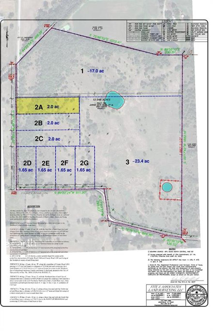 This 53-acre tract offers a unique combination of natural beauty, recreational access, and development potential. Located along the picturesque and historic Northeast Texas Trail—adjacent to the Chaparral Bike Trail and a short drive from downtown Farmersville—this property is a haven for nature lovers and investors alike. Enjoy abundant wildlife, open native pasture, and lightly treed areas with sandy loam soil. The land is level, fenced, and includes two stock ponds. It is AG-exempt with no deed restrictions, offering flexibility for a variety of uses. Per survey, around half of the property is bordered by road and trail frontage, providing excellent access and subdivision potential: 1,803 ft. on CR 1104; 1,156 ft. on CR 1201; 469 ft. on the trail. Utilities include water and electricity available at the road (buyers to verify availability and access). The property is bordered by luxury homes, enhancing its appeal and future value. Whether you're seeking a private retreat, agricultural use, or development opportunity—this property checks all the boxes.
This listing represents Parcel 2A: 2.0AC of the 53-acre tract and is ideal for agricultural, residential, recreational, or development use.
Additional listed tracts are available, including 1.65-acre, 2.5-acre, 17.3-acre, and 21.6-acre plats. Pricing: Parcel 1 – $544,000; Parcels 2A, 2B – $110,000 each; Parcel 2C – $114,000; Parcels 2E, 2F, 2G – $94,050 each; Parcel 2H, 2I – $55,000; Parcel 3 – $678,600. Custom configurations available upon request. Note: The subdivision plan is proposed and not yet platted. Once the buyer is committed to a location and final parcel size, the plat plan will be done prior to closing.