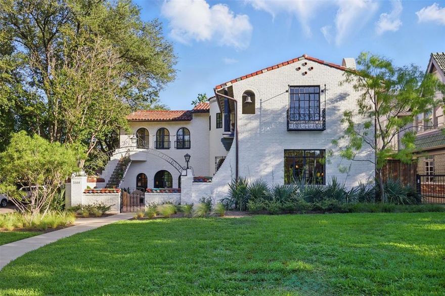 This 1930 home, designed by Clifford D. Hutsell, seamlessly combines historic charm w-thoughtful modern enhancements. Hutsell, who built fifty homes in the area between 1926 & 1941, was celebrated for his distinctive Spanish Eclectic style, & this residence is a standout example of his work. Expertly designed by Javier Burkle & his team at Burkle Creative, this home has been meticulously maintained, professionally landscaped, & was featured on the Lakewood Home Tour in 2019. The home retains its original character w-features like ironwork by Potter Art Metal Studios, pristine HDWD floors, elegant archways & plaster walls. The layout is both functional & inviting, w-the formal living & dining room on one side and a cozy family room overlooking the courtyard & backyard on the other. The house is filled with luxurious details, including Forbes & Lomax light switches, deVOL hardware & Waterworks fixtures. Upstairs, the home offers 4 bedrooms, including a flexible 4th bedroom w-an ensuite bathroom, perfect as an office or guest space. The chef’s kitchen was fully renovated in 2023, boasting custom millwork & top-tier appliances, including a 48in. Bertazzoni range & Jenn-Air 60in. built-in, paneled refrigerator-freezer. The design is both practical & beautiful, w-a large island & a breakfast bar, features like a hidden bar w-a wine-beverage cooler. Both the upstairs bath & powder bath have been updated with Portola’s Roman Clay finishes, complementing the high-end designer touches throughout the home. The professionally landscaped property also features an oversized 3-car garage, with one-bedroom guest quarters above. The quarters feature 10 ft ceilings & include a full kitchen, office, living room, bathroom, walk-in closet, & French doors out to a spacious balcony. Ideally located just minutes from downtown Dallas, within walking distance of White Rock Lake and Park, & in the highly sought-after Lakewood Elementary School zone, this home is ready for its next chapter.