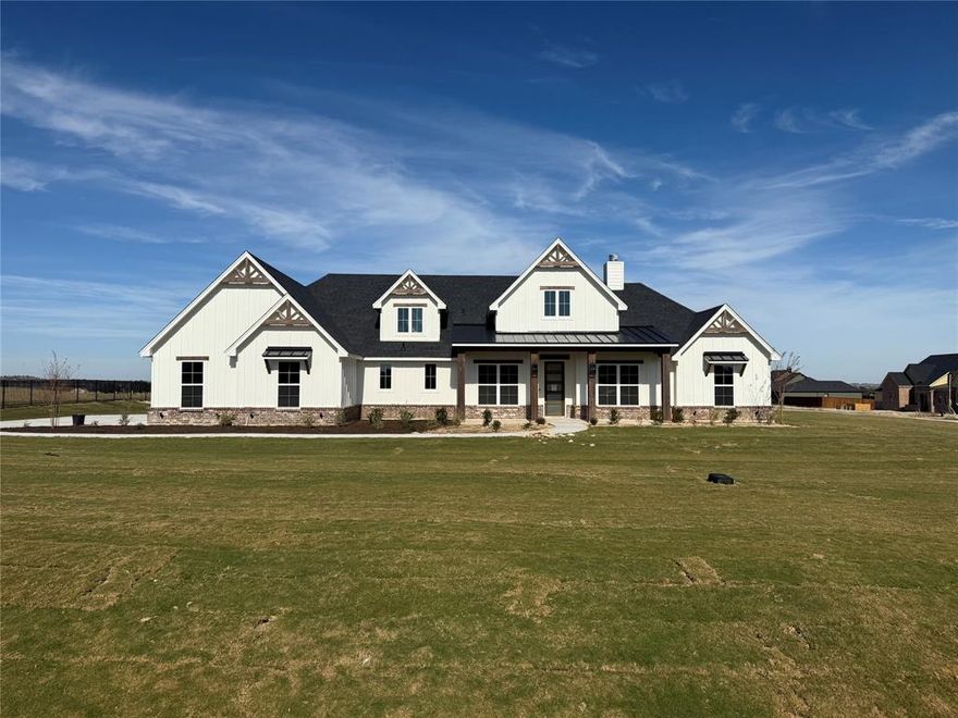 Awesome new plan by Builder in this exclusive new neighborhood in Aledo ISD! Brick and Stone home with black roof, many builder upgrades including Quartz Countertops, Luxury Vinyl flooring throughout all main areas. This home boasts 4 bedrooms, 2 and a half baths with a huge Covered Patio for entertaining. Plenty of extra room on this 1 acre lot, new construction, Estimated Completion date September 2025, CALL TODAY.