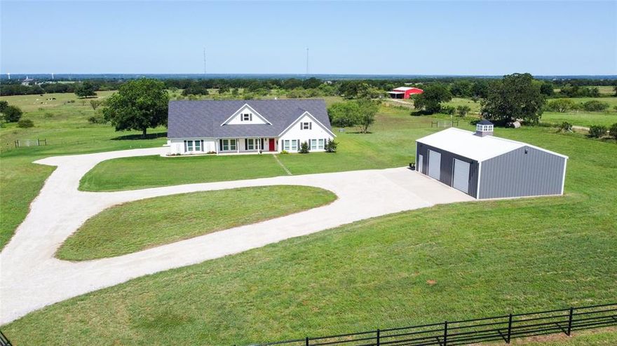 Set on just over 17 acres of agricultural exempt land, this stunning property offers the perfect blend of luxury, privacy, and country living with breathtaking views. The gated custom John Schedcik 1-story home is designed with an open floor plan, making it ideal for entertaining and family living. The chef’s kitchen features stainless steel appliances, ample storage, and a large island perfect for gathering. Wood floors extend throughout the living areas, while tile floors in the wet areas offer durability and easy maintenance.

This spacious home includes two master bedrooms, each with its own private ensuite bath, along with two guest rooms for family or visitors. A versatile flex room can be used as an office, gym, or additional living space. For added security, the property includes security cameras and a safe room.

Equipped with a whole-home generator, this home ensures comfort during any power outage. Outside, a separate 3-bay shop offers plenty of room for storage, work, or hobbies.

Located just 60 minutes from DFW, this property combines peaceful, rural living with easy access to the city. It is situated in a highly-rated school district, making it a perfect choice for families. Whether you’re seeking tranquility, space for hobbies, or room to grow, this property offers the ultimate lifestyle.
