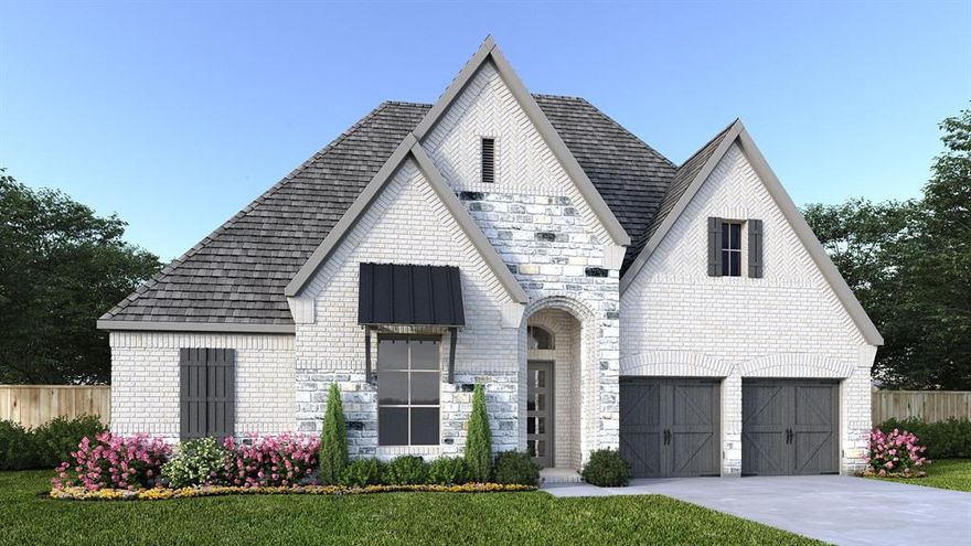 Entry welcomes with 12-foot ceiling. Open family room features wall of windows and a fireplace. Kitchen hosts generous island with built-in seating space and a wine cabinet. Adjoining dining area features two walls of windows. Game room with French doors just off family room. Primary suite includes bedroom with 14-foot ceiling. Double doors lead to primary bath with dual vanities, a freestanding tub, separate glass-enclosed shower and two large walk-in closets. A guest suite and Hollywood bath add to this spacious four-bedroom home. Extended covered backyard patio. Mud room off three-car garage.