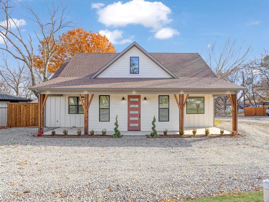 Stunning craftsmanship and attention to detail best describe this newly constructed 3-bedroom 2-bath modern farmhouse home on a corner lot in the City of Bells, and its highly rated School District. With high-end accent lighting, and luxury vinyl plank flooring throughout the home, from the moment you enter you'll be captivated by the spacious open living area that boasts a 17 ft. vaulted ceiling that flows into the beautifully appointed kitchen with custom painted white wood cabinets, and black satin ceramic Zellige tile backsplash that is the perfect accent to the gray island cabinets. Butcher block countertops and a farm sink along with stainless appliances finish out this beautifully appointed kitchen. Double doors lead to a large butler’s pantry, ideal for extra storage, prep space, or entertaining with ease. Continuing through the home you'll find a split floorplan that includes sizeable bedrooms all with large closets. The master bedroom with double closets has an ensuite with a soaking tub, exquisite custom tile shower and a porcelain double vanity. Attached to the master bedroom, you'll find a multifunctional private space that could be used as an office, reading room, or sunroom that has a door that leads to the outside where you are greeted with a spacious elevated wooden deck perfect for gatherings or quiet evenings, all while overlooking a beautiful, tree shaded backyard. The newly constructed side-entry carport is equipped with water and electrical hookups, making it ready for a future outdoor kitchen or entertaining space. Other amenities include smart home security devices, and elegant indoor-outdoor lighting. The home is supported by energy efficiency with a tankless water heater, and full foam insulation throughout. With its inviting design, thoughtful details, and tranquil outdoor setting, this farmhouse is the perfect place to call home. Come make this the home of your dreams by calling your favorite Realtor and scheduling and appointment today.