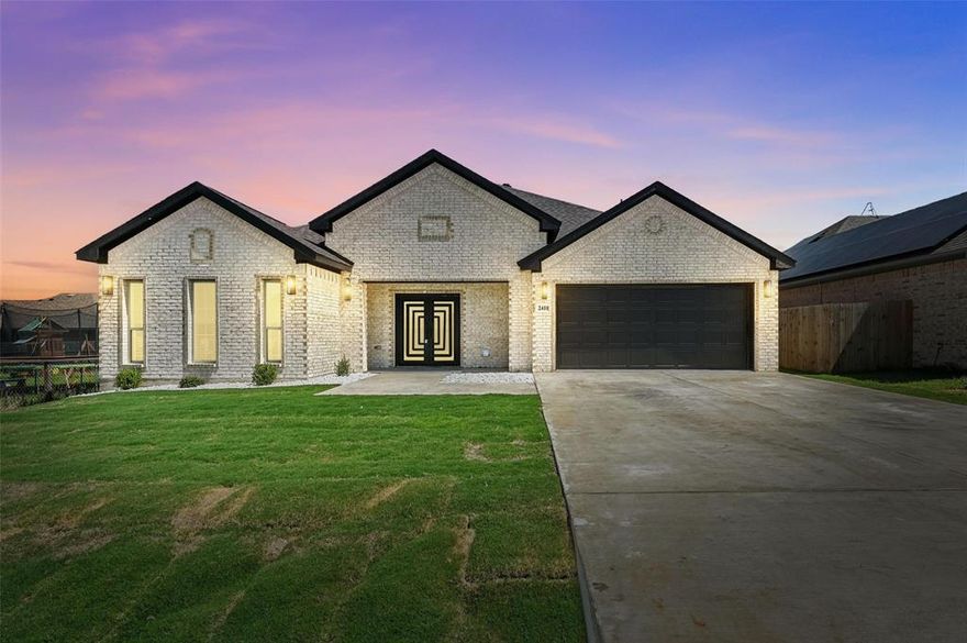 2410 Lauren Street in Mabank, Texas is a 4-bedroom, 3-bath home offering 2,200 square feet of beautifully crafted living space. Step inside to discover elegant quartz countertops, sleek porcelain flooring, walk-in pantry and designer lighting fixtures that enhance the home’s modern appeal. The spacious open-concept layout flows seamlessly from the living area to the kitchen and dining space, perfect for entertaining. Coffered ceilings and 9-foot walls add architectural interest and a sense of grandeur throughout. The primary suite includes a luxurious en-suite bath and walk-in closet, while the additional bedrooms offer comfort and flexibility for guests or family. A dedicated mudroom and laundry room add convenience and storage.