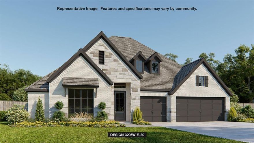 Home office with French doors set at entry with 12-foot ceiling. Extended entry leads to open family room, dining area and kitchen with 17-foot ceilings throughout. Family room features wall of windows and a wood mantel fireplace. Kitchen features generous counter space, walk-in pantry, double wall oven, 5-burner gas cooktop and island with built-in seating space. Primary suite with wall of windows. Double doors lead to primary bath with 11-foot ceiling, dual vanities, freestanding tub, separate glass-enclosed shower and two walk-in closets. Game room with French doors features wall of windows. A guest suite plus abundant closet and storage space add to this open one-story design. Extended covered backyard patio with 16-foot ceiling. Mud room off three-car garage with additional garage bay space.