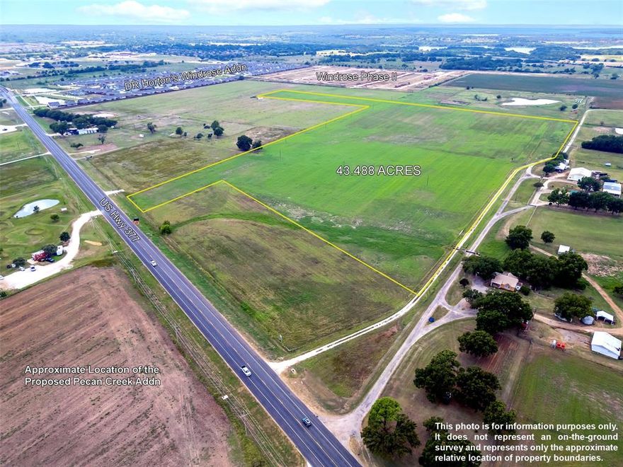 Located in a strategic growth zone, this prime 43.488-acre land parcel sits on US Hwy 377, just beyond the city limits of Pilot Point in Grayson County. Its positioning, approximately 1,500 feet north of DR Horton's recently opened Windrose development and directly facing the proposed 4,060-unit Pecan Creek Addition, presents an enticing investment opportunity. The property's northern edge is shown to align with a planned two-lane connector road outlined in Pilot Point's 2022 thoroughfare plan, and the presence of a City of Pilot Point water line on the property and a larger city water line along Hwy 377's east side, all underscore its future potential.  This property is in the Pilot Point ETJ and the Lake Ray Roberts Land Use Ordinance Zone, with a current ag exemption.