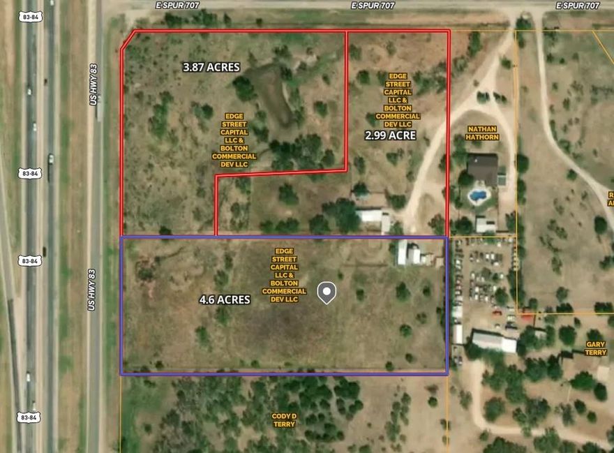 This prime commercial land opportunity is located at the high-traffic corner of HWY 83-83 and FM 707 in Abilene, TX, directly across from the Abilene Clay Sports facility. Offering maximum visibility and accessibility, the property is currently divided into three separate parcel IDs but can be purchased as a whole or subdivided to meet your specific development needs. Sewer and water lines are available, making development more streamlined and cost effective. Some engineering work and site data have already been completed, helping to accelerate project planning. Surrounded by multiple new housing communities and commercial developments, this area is experiencing rapid growth and increasing demand. With nearby restaurants, hospitals, shopping centers, and key traffic exposure, this location is ideal for retail, medical, dining, or multi-use projects. Don't miss this rare opportunity to invest in one of Abilene's most strategic and up-and-coming commercial corridors.