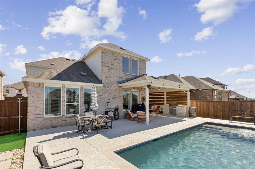 This better-than-new, immaculately maintained residence is a true standout, featuring a new private pool (2023) and numerous interior and exterior upgrades! Designed for both relaxation and entertaining, the backyard oasis also includes a built-in gas grill and a covered patio, perfect for enjoying year-round.

Inside, soaring ceilings, abundant natural light, and plantation shutters create a bright and inviting atmosphere. The open-concept living area showcases a striking stone fireplace and flows seamlessly into the kitchen and breakfast nook, both offering picturesque views of the backyard retreat. The expansive kitchen is a chef’s dream, complete with a gas cooktop, oversized island, and ample storage.

The first-floor primary suite provides a serene escape with pool views and a spa-like bath featuring dual vanities, a soaking tub, and a separate shower. Upstairs, a spacious game room is joined by three additional bedrooms and two full baths. A formal dining room downstairs offers flexibility and could easily serve as a home office.

Beyond your private retreat, Green Meadows offers exceptional community amenities, including a clubhouse, pool, fitness center, playgrounds, and scenic trails winding through open green spaces.