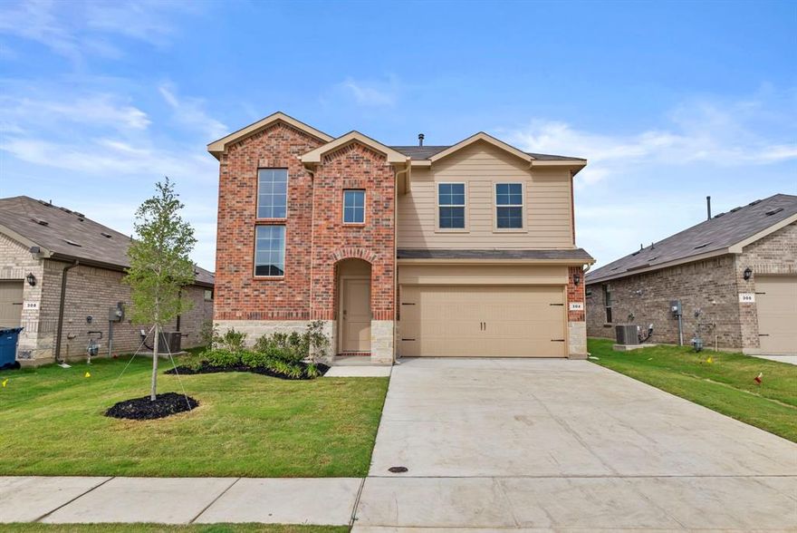 Seller is willing to assist with closing costs or a rate buy-down through preferred lender with an acceptable offer. The Macon floorplan – This spacious and well-designed two-story home offers a modern layout ideal for both everyday living and entertaining. Featuring 4 bedrooms, 2.5 bathrooms, and a large upstairs game room, this home provides the perfect combination of functionality and flexibility. The main level showcases an open-concept design where the kitchen, dining area, and family room seamlessly connect, creating a comfortable and inviting space. The kitchen is equipped with quartz countertops, 36-inch upper cabinets with crown molding, stainless steel appliances, an electric range, a center island with seating, and a walk-in pantry, making it both stylish and practical. The private primary suite is located on the first floor and offers a spacious bedroom, an en-suite bath with dual quartz vanities, an oversized 5-foot shower, and a walk-in closet. Upstairs, three additional bedrooms and a large game room provide plenty of space for family, guests, or a home office setup. Luxury vinyl plank flooring flows through the main living areas and wet spaces, enhancing durability and style. Additional features include smart home technology, energy-efficient construction, a covered rear patio, full sod, sprinkler system, privacy fencing, and professional landscaping. Conveniently located with easy access to Hwy 67, this home offers proximity to shopping, dining, and everyday conveniences while maintaining a quiet community setting.