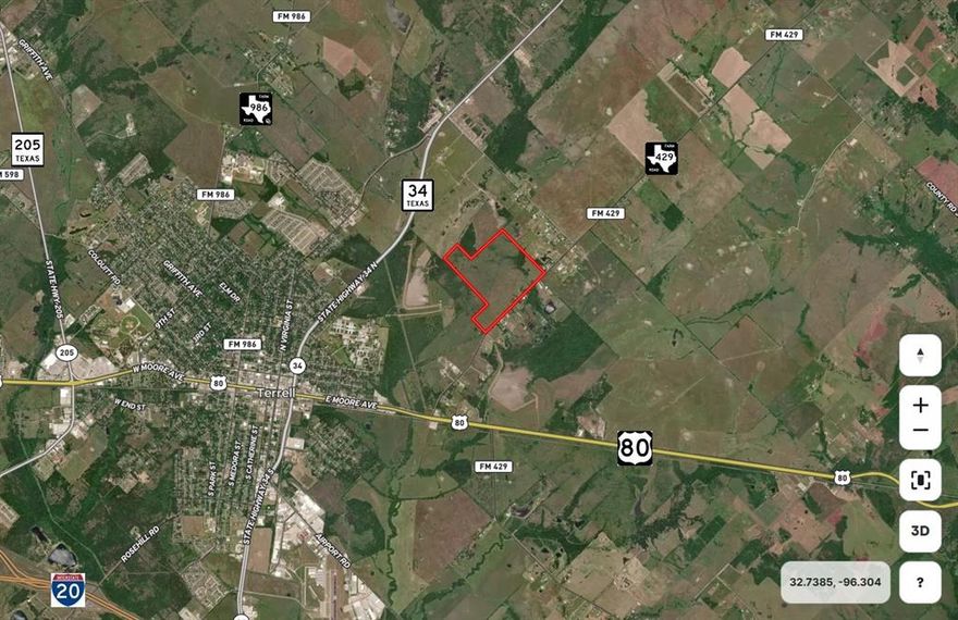 Investment or Development acreage near the City of Terrell's core infrastructure. Over 3,500 feet of frontage on FM 429. Quick access to U.S. Hwy 80 via FM 429, and to State Hwy 34 by way of U.S. 80 or the nearby County Rd 319. Per the City of Terrell Future Thoroughfare Map, FM 429 is a
proposed Type A Major Thoroughfare. County Rd 319, just one-third of a mile away, is a proposed Type B Major Thoroughfare. Based on Terrell's future thoroughfare map, the subject property could be located at a future intersection by way of a proposed Collector Street shown to bisect the subject property that would provide immediate connectivity between FM 429 and State Highway 34. A Terrell city water main runs to the property and sewer is nearby. The City of Terrell has a large and diverse employment base. Among these employers are J.S. Hewig & Son, Madix Inc, Nucor Co, Buc-ee's, Oldcastle Building Envelope, Wal-Mart Distribution Center, AutoZone Distribution Center and the Terrell State Hospital, to name a few. A major renovation of the nearby Terrell State Hospital is underway. Marketing brochure available upon request.