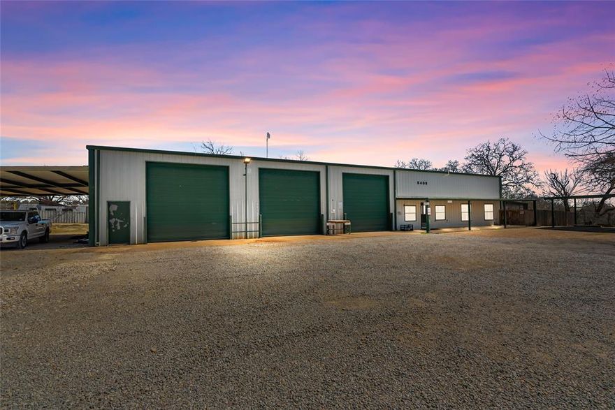 Prime location not far from I-35 that is ready for your business on 1.5 acres.    So many possibilities with this great property.    Large Office space plus the shop area contains 3 14 ft doors to accommodate your business needs.   There is also living quarters with two bedrooms and baths plus an upstairs area that could be used for additional living space or whatever you may need .  There is a 26x50 overhang for covered storage or additional work space, 2 car carport and lots of space for additional parking or storage.  Call today to see this great property