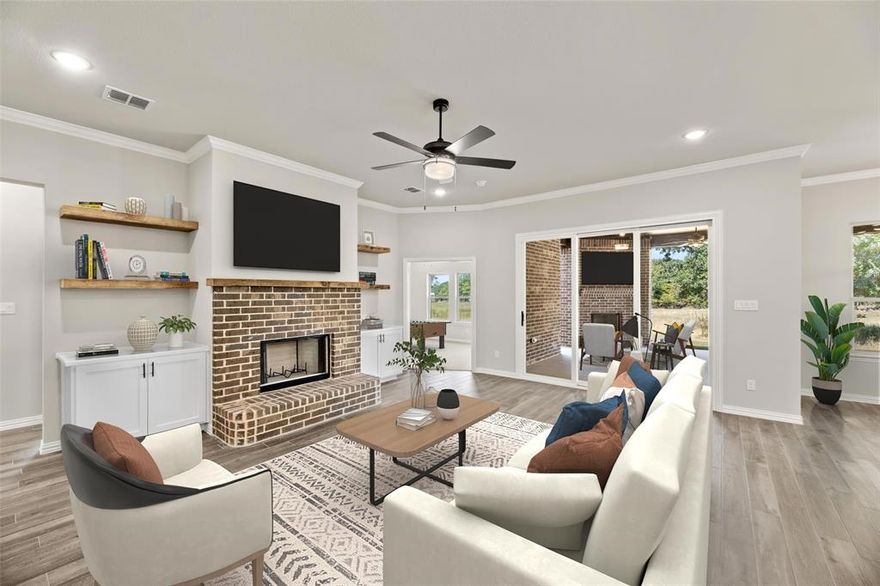 MLS# 20405457 - Built by Brookson Builders - Ready Now! ~ $30,000 IN BUYER INCENTIVES - When guests arrive, they’ll notice a wood look tile at their feet, a study hidden behind custom doors to their left, a dining room to their right, and straight ahead, an open-concept living room awaits. When looking for a place to settle down, your guests will have a choice between the half-wall, painted brick fireplace in the living room and the secondary fireplace on the covered patio. As they sit by the fire, you can prep your dinner in the open-concept kitchen. This space features custom cabinetry and hardware that leads to the ceiling, and below, an adorned backsplash and cooktop pot-filler. Other features include built-in cabinetry surrounding the fireplace w floating barnwood shelves, custom, custom doors in game room, barn door in master, custom tile & framed mirrors in each restroom, wood look tile & crown molding throughout many rooms in the home!