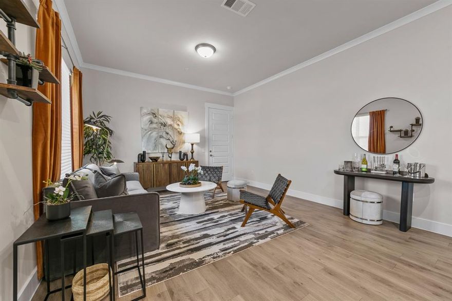 Masterplanned Luxurious Leasing community in McKinney ISD. This 1 bedroom, 1 bath, One car garage with one car carport and fenced in private yard with lawn care included. AT&T All-Fiber GigaPower Internet, Large walk in closets with custom shelving, wood plank flooring, granite in all wet areas, doggie doors.  Double sinks in baths. Smart appliances. Private cabanas by the resort style swimming pool, beautiful community walking trails, 24-7 Interactive Fitness Center with Streaming Cardio, Free Weights, Strength & Crossfit Station, Massive Ten-Acre Private On-Site Central Park, Luxurious Social Clubroom with HDTV Entertainment, Game Room and Billiards, Private Tanning Facility, 24-7 Emergency Maintenance Service, Separate Walk-In Showers with Rainwater Shower Heads, Radiant Barrier Roofing & Extensive Insulation, Double-Pane Windows, Individual, First-Floor Entrance with No Adjoining Homes Above or Below. Prices are only for current day leasing not for future dates.