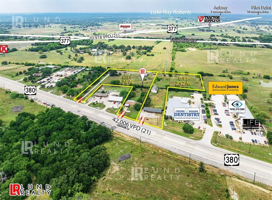Lund Realty is proud to present a FANTASTIC INVESTMENT OPPORTUNITY ON HWY 380! - ONE OF THE LAST REMAINING. Nearly 4 AC Infill Commercial Lot at East Highway 380 Boasting a PRIME Location Between Major Arterial Intersections with Multiple Access Points Onto Highly Trafficked U.S. Highway 380, Ensures High Visibility With Daily Traffic Counts of Over  42,000 Vehicles Per Day. Enhanced by A Strong Mixture of Major National Retailers Like Walmart, Future HEB, Starbucks, McDonald's, CVS,  and others. With Mixed Commercial Zoning, Level Topography, and OUTSIDE of 'Project Alpha' Zoning Overlay, This Site Would be Suitable for Multiple Business Users Or a Retail Development. Water line is at the street and wastewater is nearby. This offering is for Lot-1 Only, 3 Buildings Including a Horse Barn – Can Be Refurbished. Lot-2 is available. Please inquire with the broker for further information.