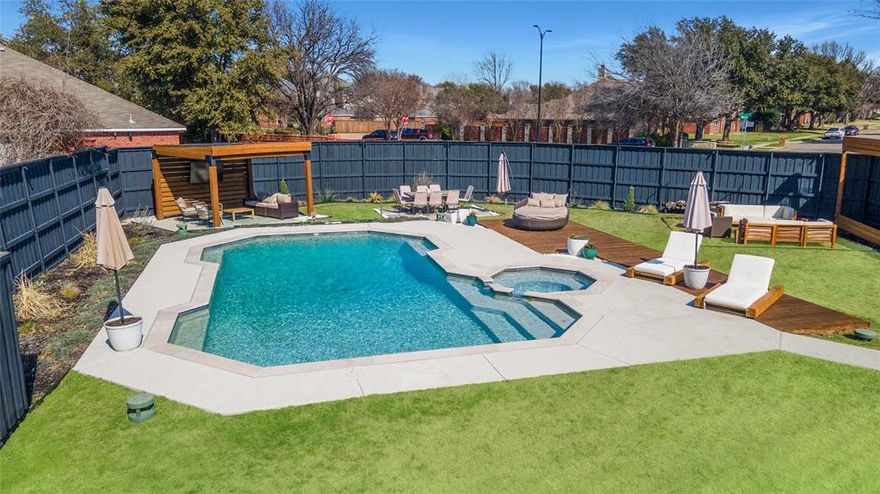 Welcome to this stunning updated home in Preston Oaks, perfectly situated on a spacious cul-de-sac lot! This property features an incredible backyard retreat, complete with a large sparkling pool and spa, fire pit lounge area with a projector screen, and a covered outdoor living space—all while still offering plenty of grassy space for play and relaxation.Inside, the home is light and bright with a fantastic layout. The main level features a formal dining area, an updated kitchen with ample storage, granite countertops, and a gas range, plus a spacious living area perfect for entertaining. The wood-look tile flooring throughout the first floor adds warmth and style.Upstairs, you'll find all four spacious bedrooms, including the primary suite with an updated ensuite bathroom. Updated lighting throughout enhances the modern feel of the home.Located in a highly desirable community with fantastic amenities, this home offers convenience and charm in a prime location. Don't miss your chance to make this beautiful home yours—schedule your showing today!