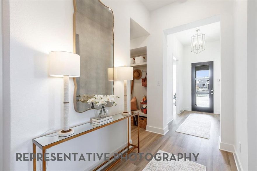 This exquisite home offers over 2,200 sq. ft. of thoughtfully designed space. A striking modern exterior welcomes you with clay brick, black roof, covered front entry, and a cedar garage door. Inside, the open dining and family rooms boast 16-foot vaulted ceilings. a gas fireplace and covered patio which accommodates private relaxation or large gatherings. The heart of the home impresses with a chef-inspired kitchen. Retreat to the secluded primary suite, offering a spa-like bath with a soaking tub, separate shower, dual sinks, and a walk-in closet.