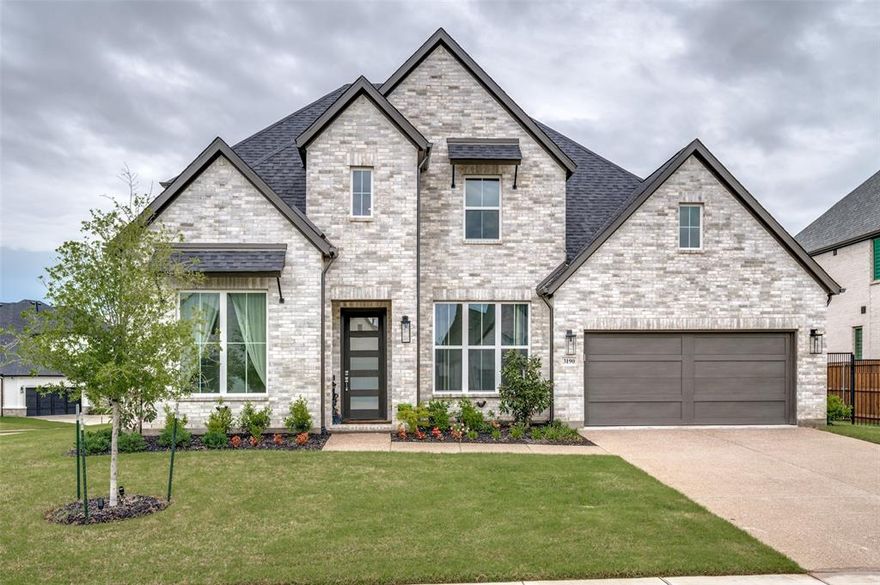 North-facing corner lot. Shaddock Homes build.  Around 4,000 Sq. Ft.  Zoned to Walnut Grove High—this is the one buyers have been waiting for.  Perfectly positioned on a premium corner lot, this home blends architectural scale, luxury finishes, and one of the most coveted floor plans in Prosper ISD.  5 bedrooms, 4 baths, and a spacious 3-car garage. The most desired layout features the primary suite, private guest suite with full en-suite bath, and a dedicated media room—all on the first floor.  A dramatic two-story family room with fireplace and walls of windows fills the home with natural light. The open-concept kitchen flows seamlessly into the living space, ideal for both everyday living and entertaining.  The private primary suite overlooks the expansive backyard and offers a true retreat with dual vanities, a luxurious tub, and a beautifully designed walk-in shower with designer tile work and a seamless glass enclosure, plus an oversized walk-in closet.  Upstairs, generously sized bedrooms provide ample space, while a game room overlooks the two-story family room, enhancing the home’s open feel.  The corner lot is truly exceptional—larger than neighboring properties, pool-sized, and offering an open, airy setting with wide sky views and stunning stargazing at night. The covered patio completes the outdoor experience.  Located in a safe, welcoming community with families and neighbors who take pride in ownership, enjoy green space, nature areas, lakes, fountains, park benches, sculptures, scenic trails, a resort-style pool, and a fitness center. Zoned to top-rated Prosper ISD schools, with middle and high schools just a short bike ride away.