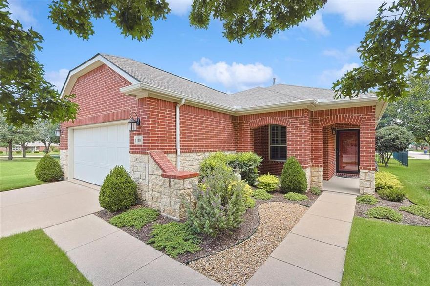 Azalea Plan located on cul-de-sac with great curb appeal. Oversized 2 car garage with plenty of room for golf cart-extra storage and guardian garage floors. Covered front porch & rear patio with beautiful landscaping. Study with French doors, large primary bedroom and primary bath with dual sinks & walk in shower and walk in closet. Guest Bedroom and Guest Bath separate from primary suite. Kitchen features gleaming white cabinets, quartz counters and subway tile backsplash. The kitchen opens to living & dining area. Large utility has sink & cabinets. Plantation shutters, crown molding & wood floors throughout.  Whole house Clarity (Anlin) windows & sliding door. Frisco Lakes is a 55+ age restricted community with an 18-hole championship golf course, 3 clubhouses with 3 fitness centers, indoor & outdoor pools & spas, pickleball & tennis courts, bocce ball courts, walking trails, and many clubs and activities to enjoy.